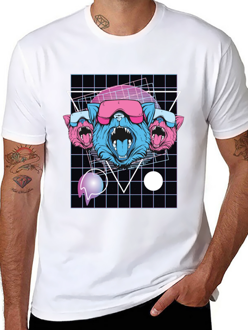 Retro Cyberpunk Three-Headed Wolf Graphic Tee