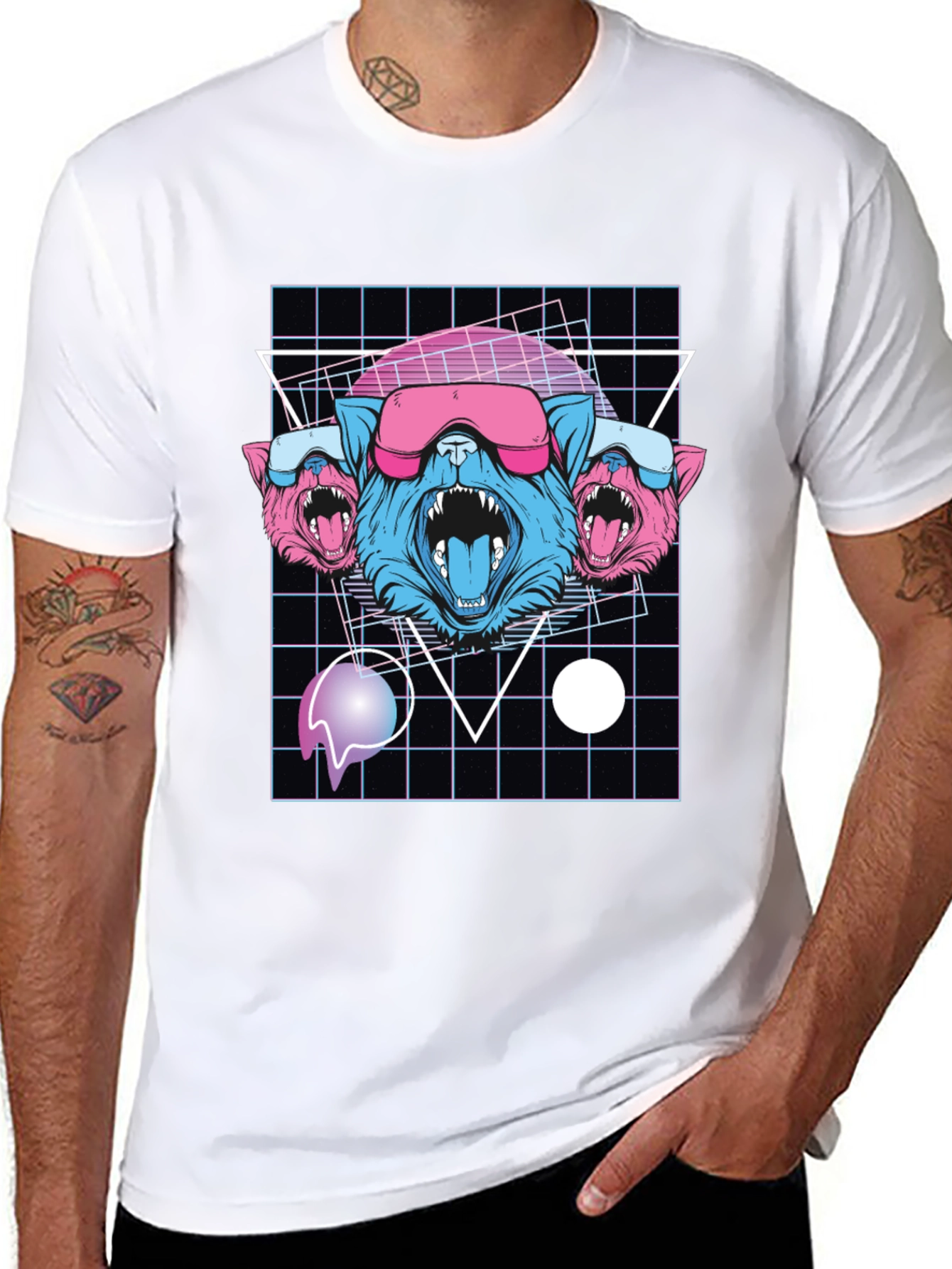 Retro Cyberpunk Three-Headed Wolf Graphic Tee