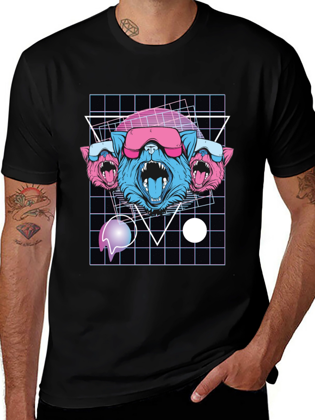 Retro Cyberpunk Three-Headed Wolf Graphic Tee