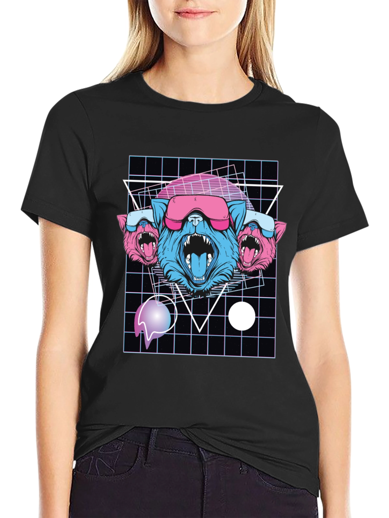 Retro Cyberpunk Three-Headed Wolf Graphic Tee