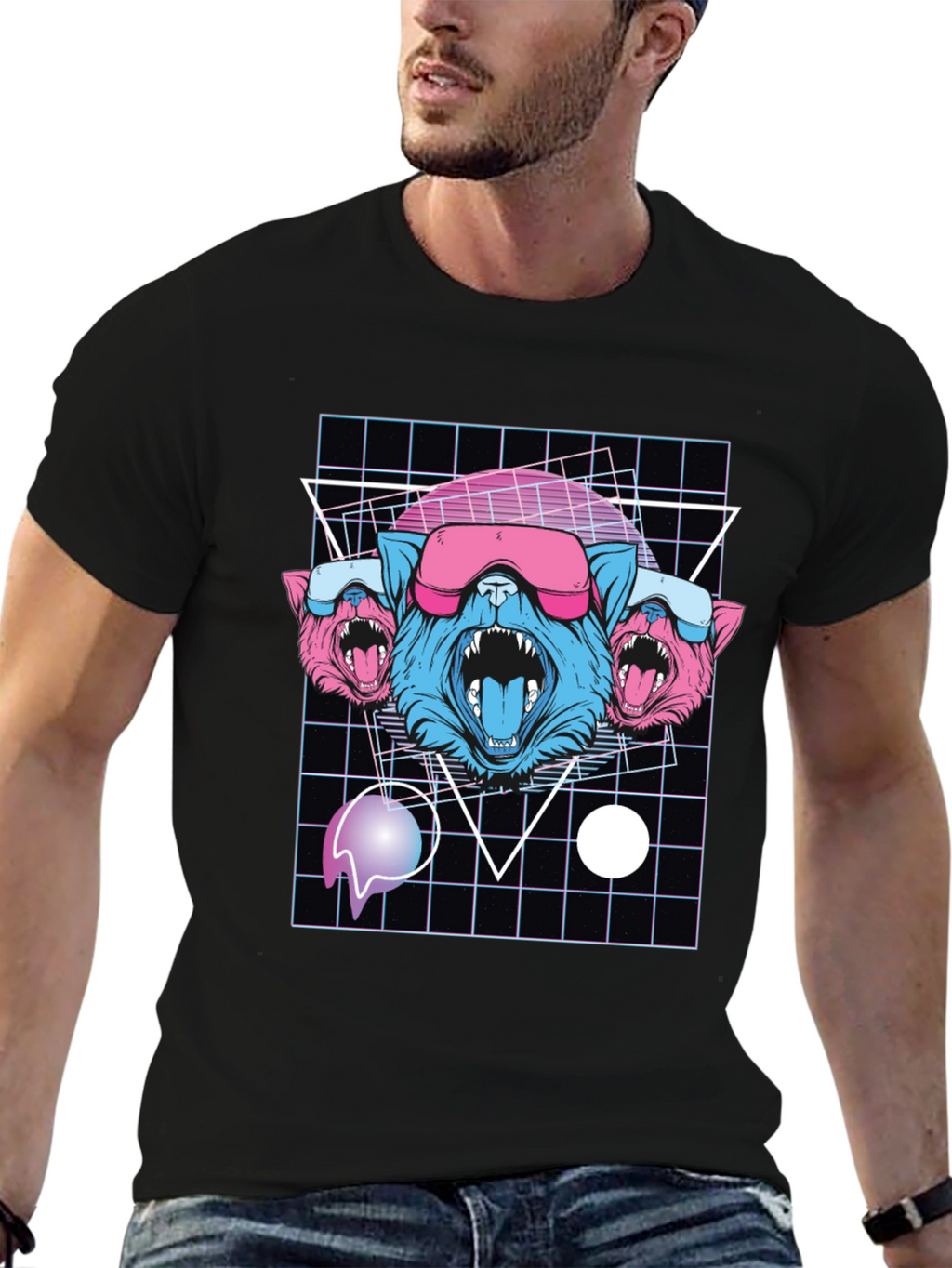 Retro Cyberpunk Three-Headed Wolf Graphic Tee