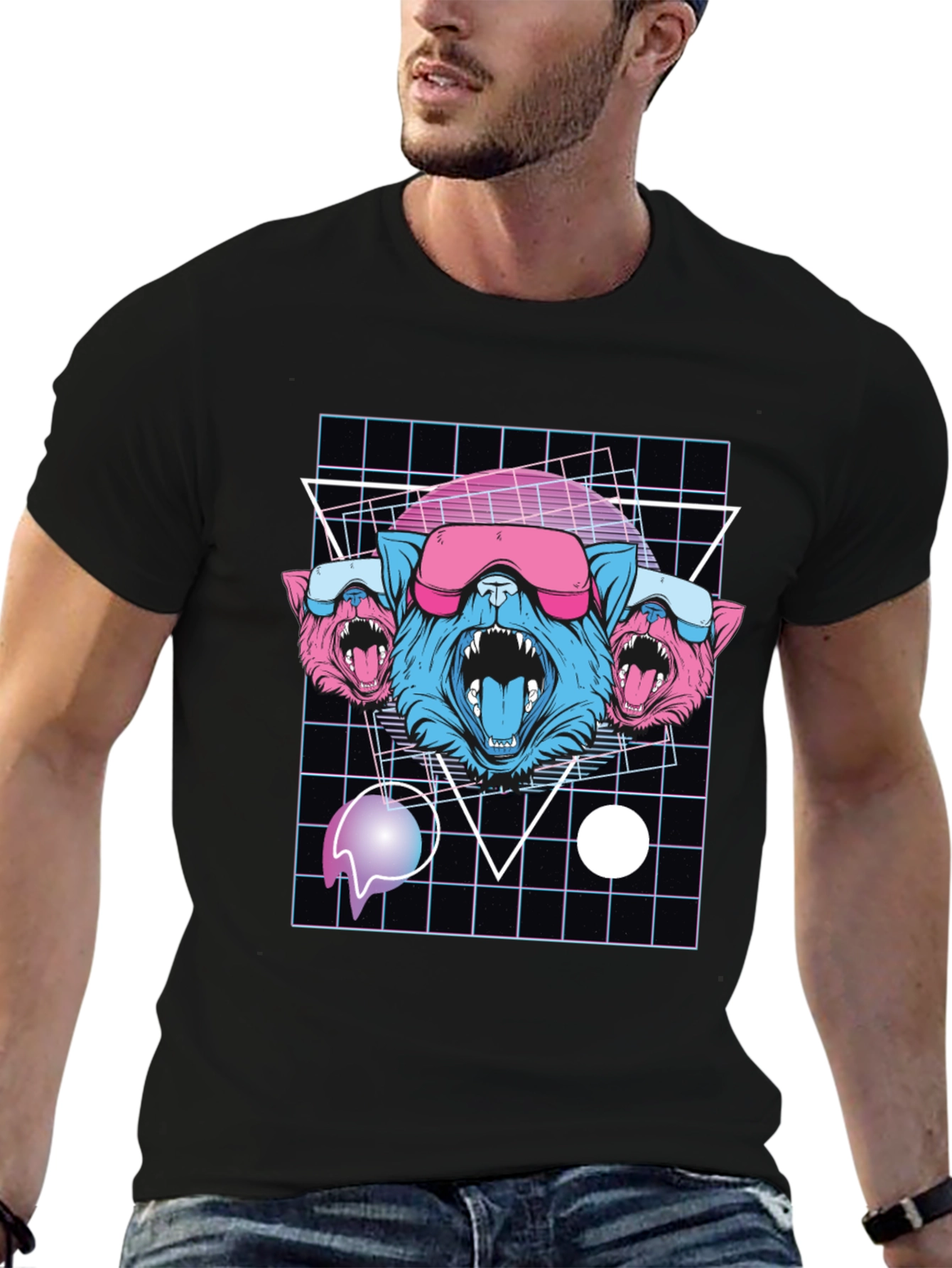 Retro Cyberpunk Three-Headed Wolf Graphic Tee