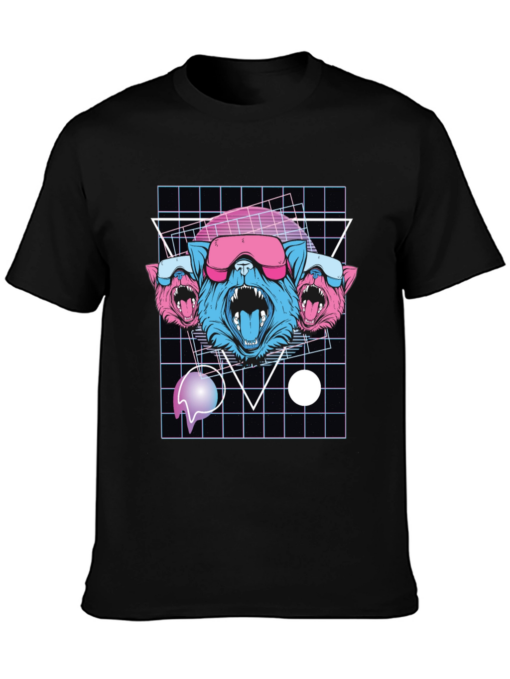 Retro Cyberpunk Three-Headed Wolf Graphic Tee