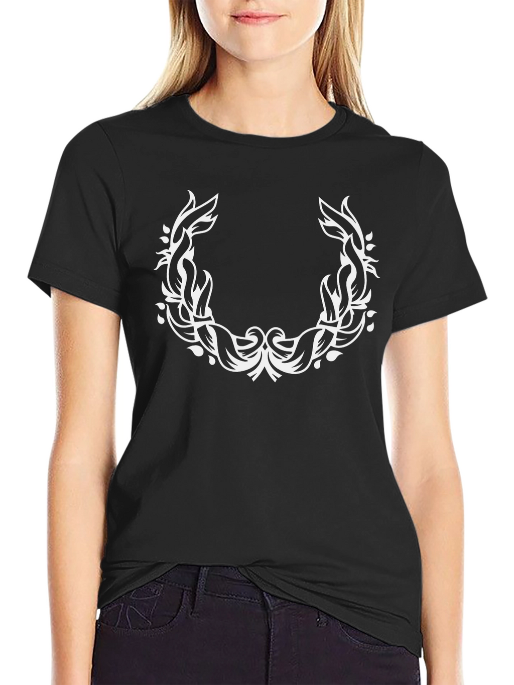 Black T-Shirt with White Laurel Wreath Design