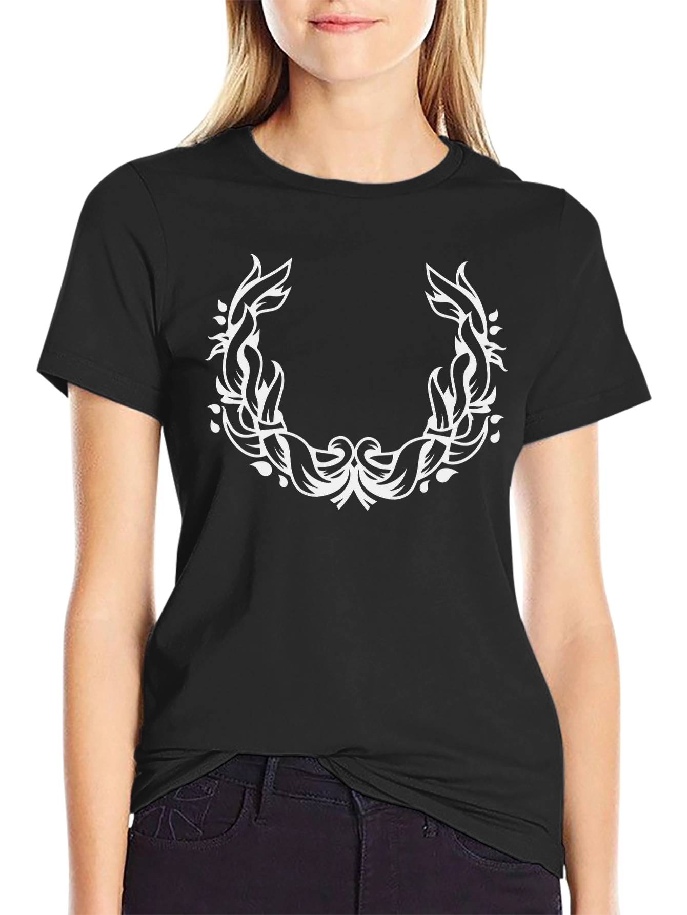 Black T-Shirt with White Laurel Wreath Design