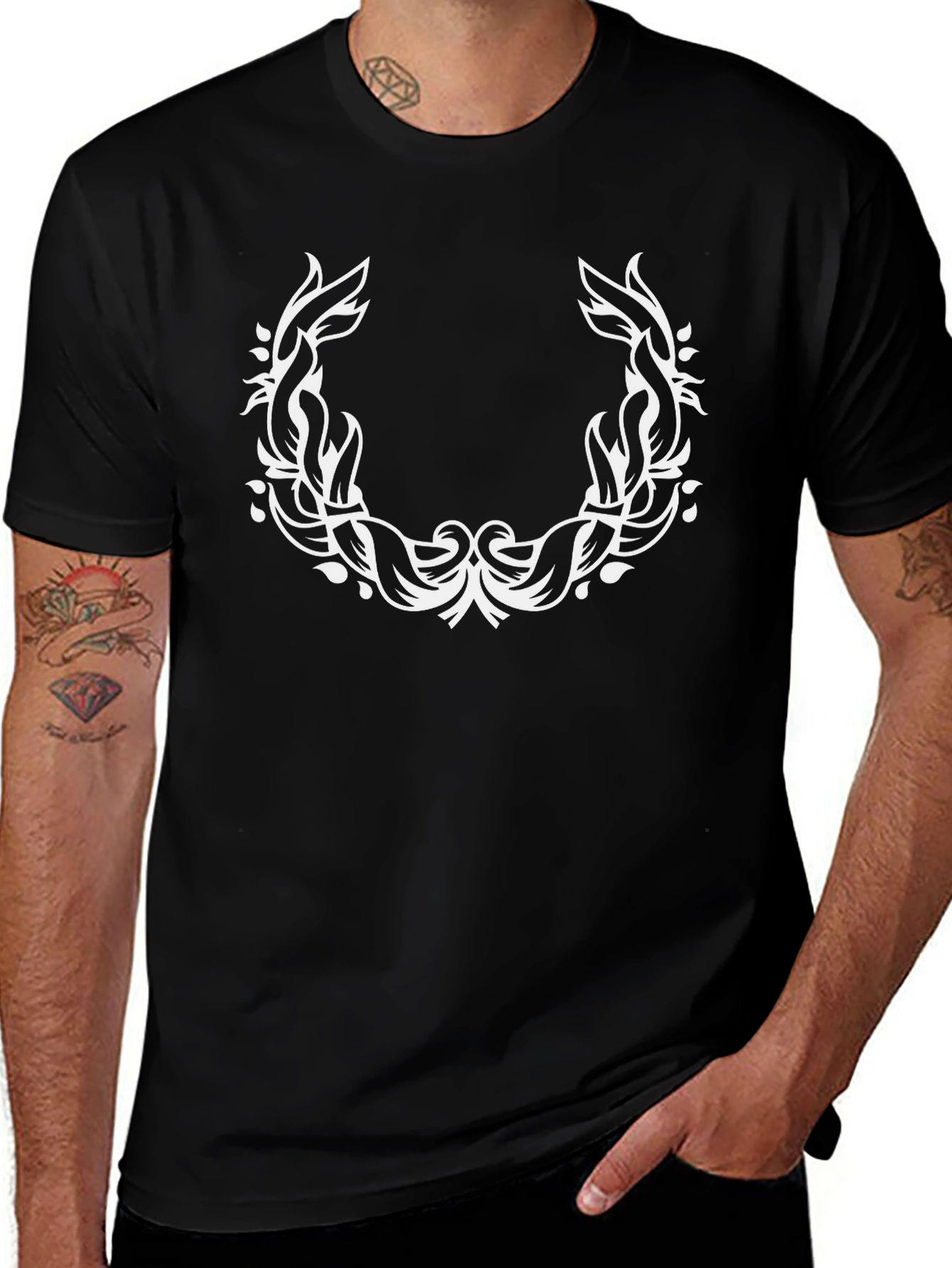 Black T-Shirt with White Laurel Wreath Design