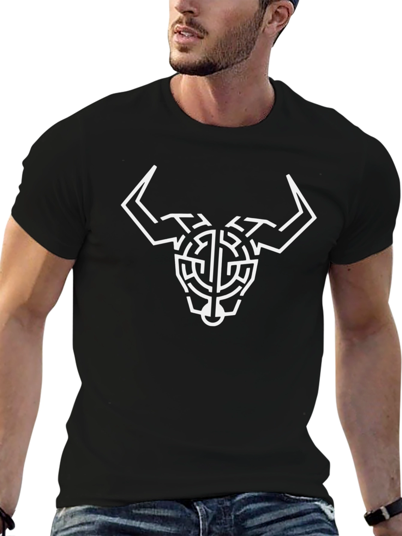 Geometric Bull Head Graphic Tee - Black