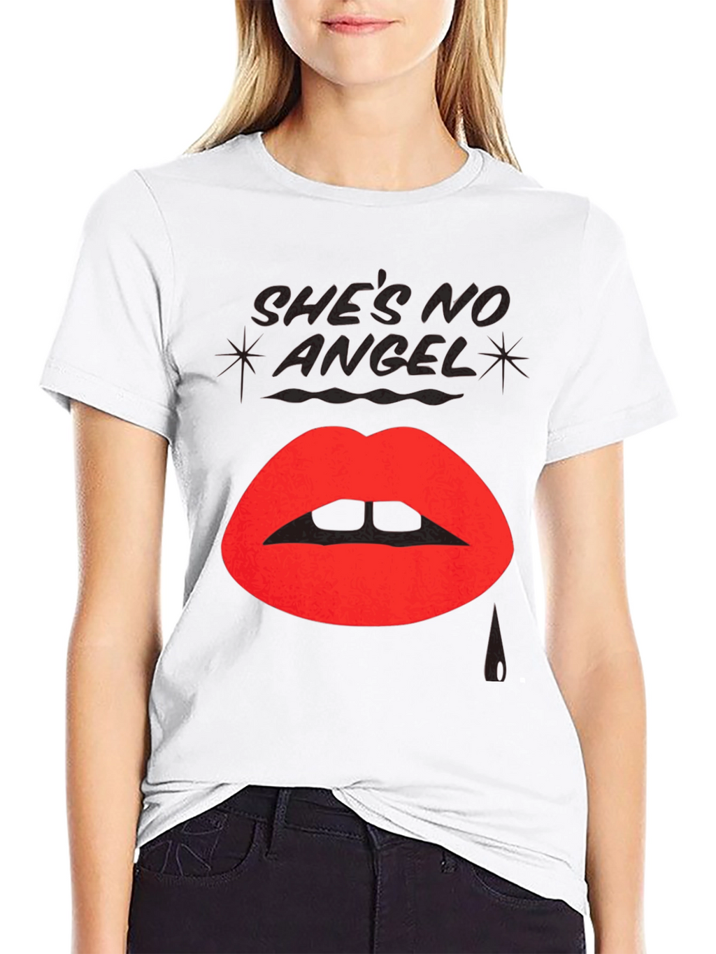 Shes No Angel Lip Print Black T-Shirt