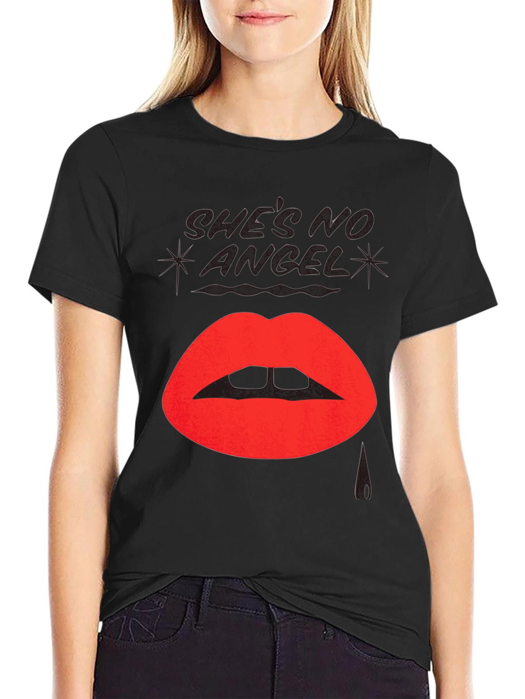 Shes No Angel Lip Print Black T-Shirt