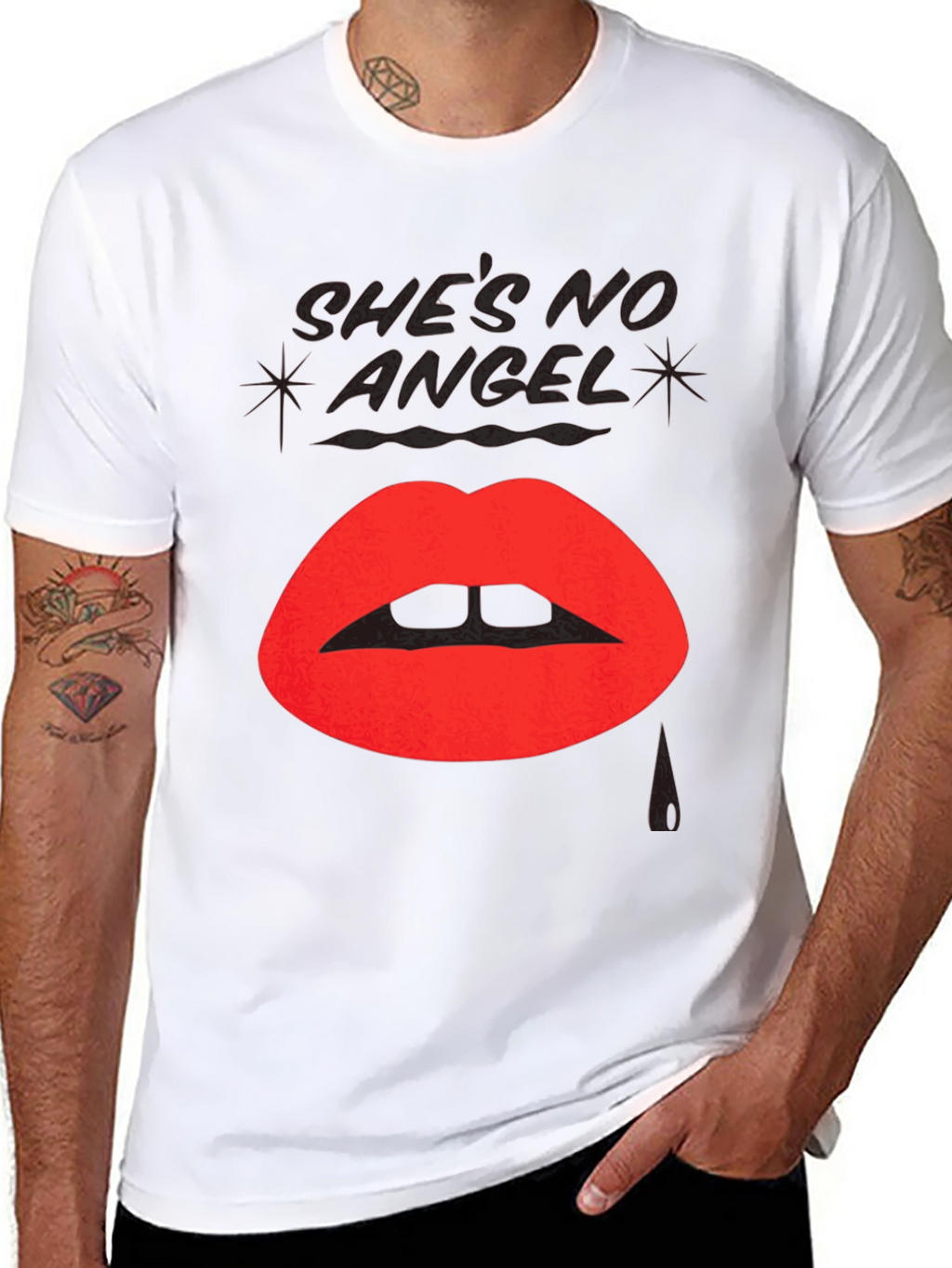 Shes No Angel Lip Print Black T-Shirt