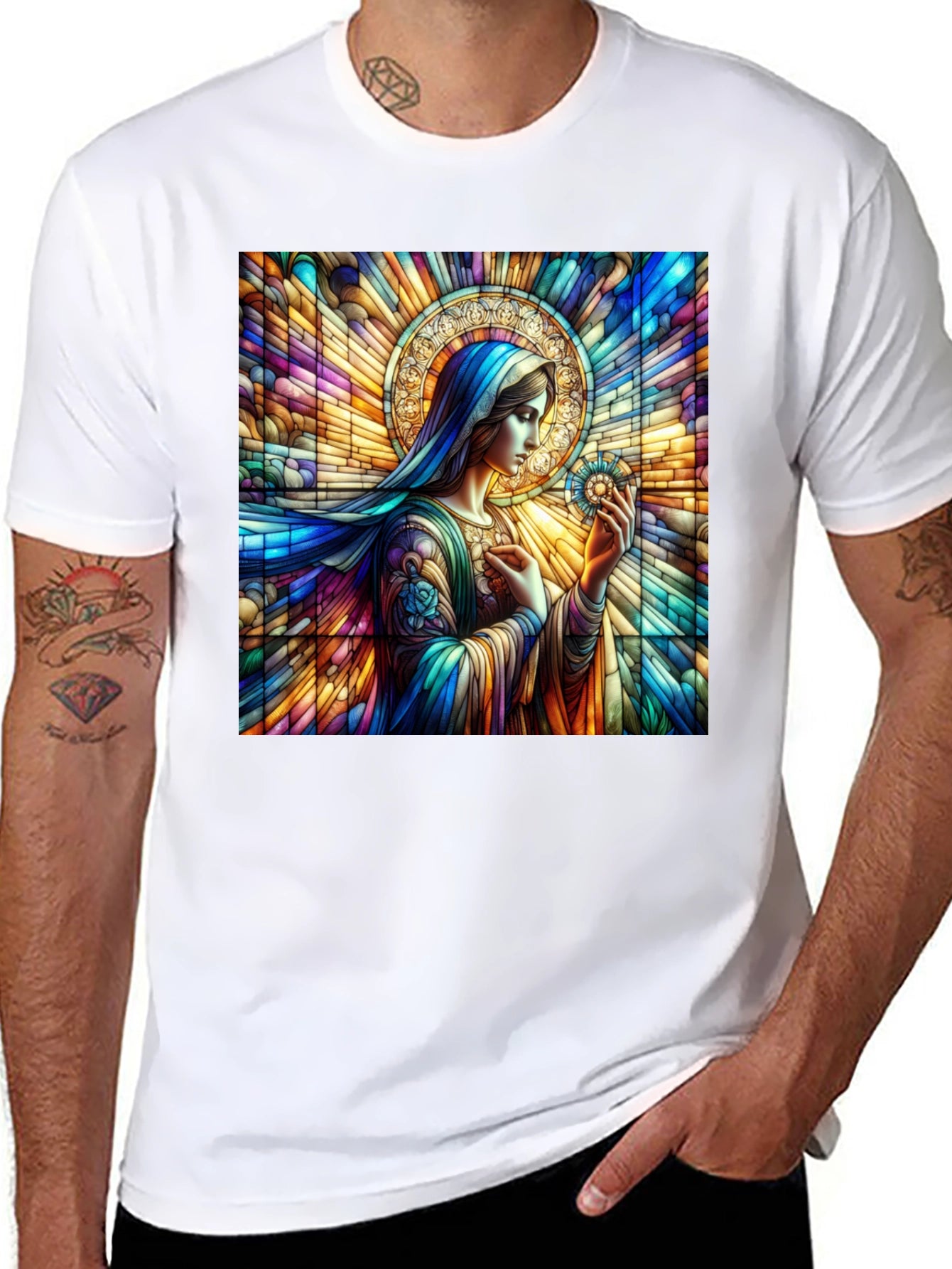 Stained Glass Mary Graphic Tee - Artistic Religious Apparel