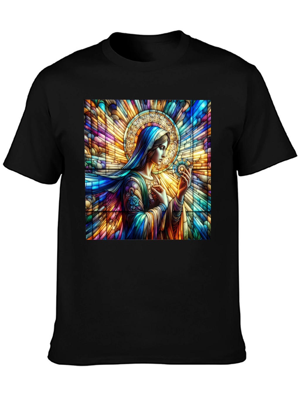 Stained Glass Mary Graphic Tee - Artistic Religious Apparel