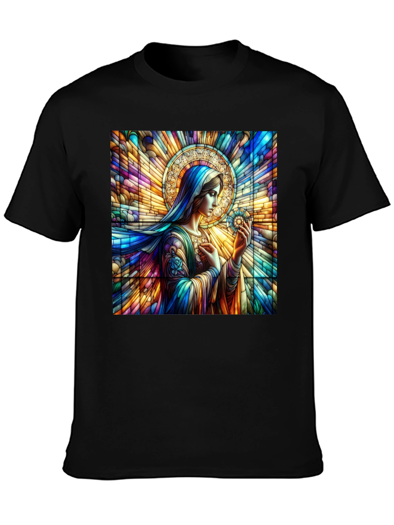 Stained Glass Mary Graphic Tee - Artistic Religious Apparel