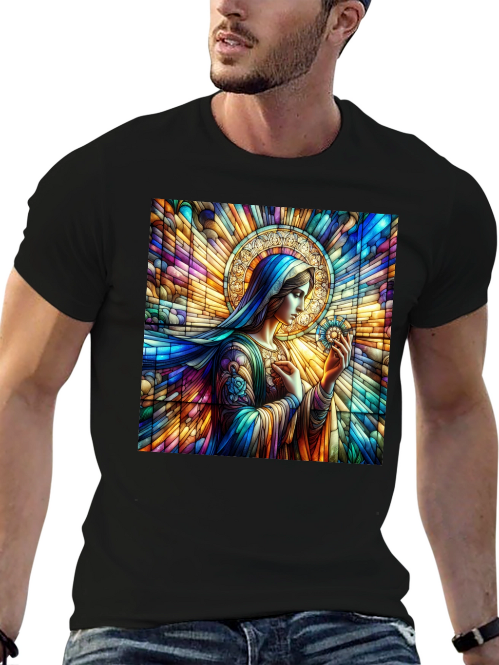 Stained Glass Mary Graphic Tee - Artistic Religious Apparel