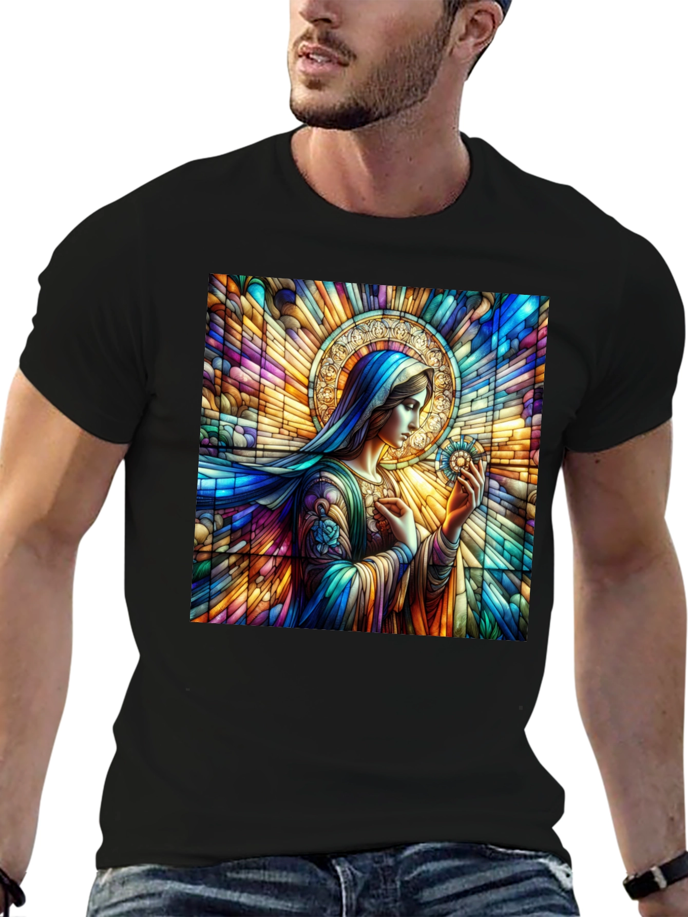 Stained Glass Mary Graphic Tee - Artistic Religious Apparel