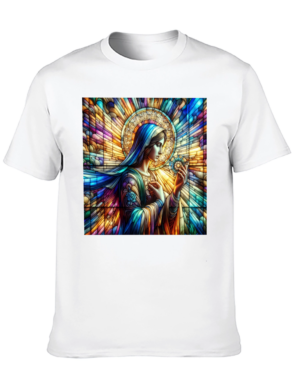 Stained Glass Mary Graphic Tee - Artistic Religious Apparel