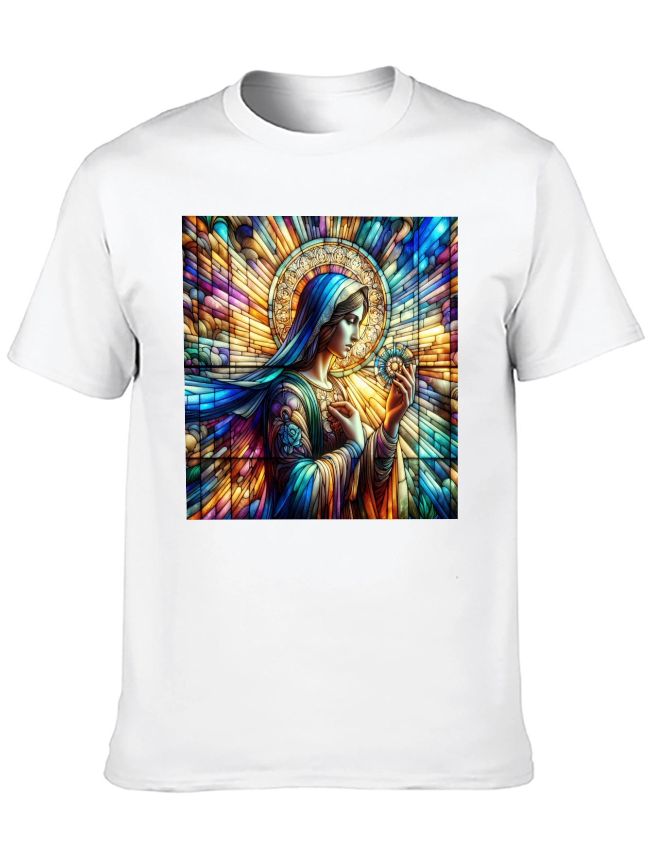 Stained Glass Mary Graphic Tee - Artistic Religious Apparel