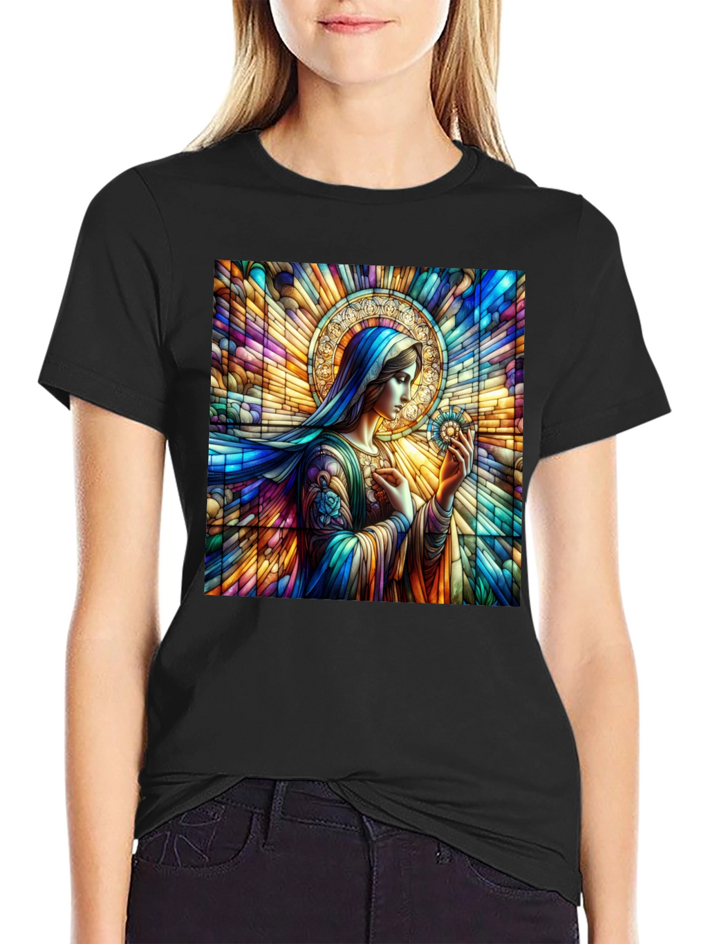 Stained Glass Mary Graphic Tee - Artistic Religious Apparel