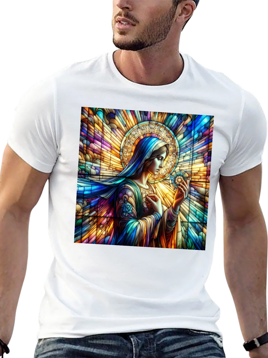 Stained Glass Mary Graphic Tee - Artistic Religious Apparel