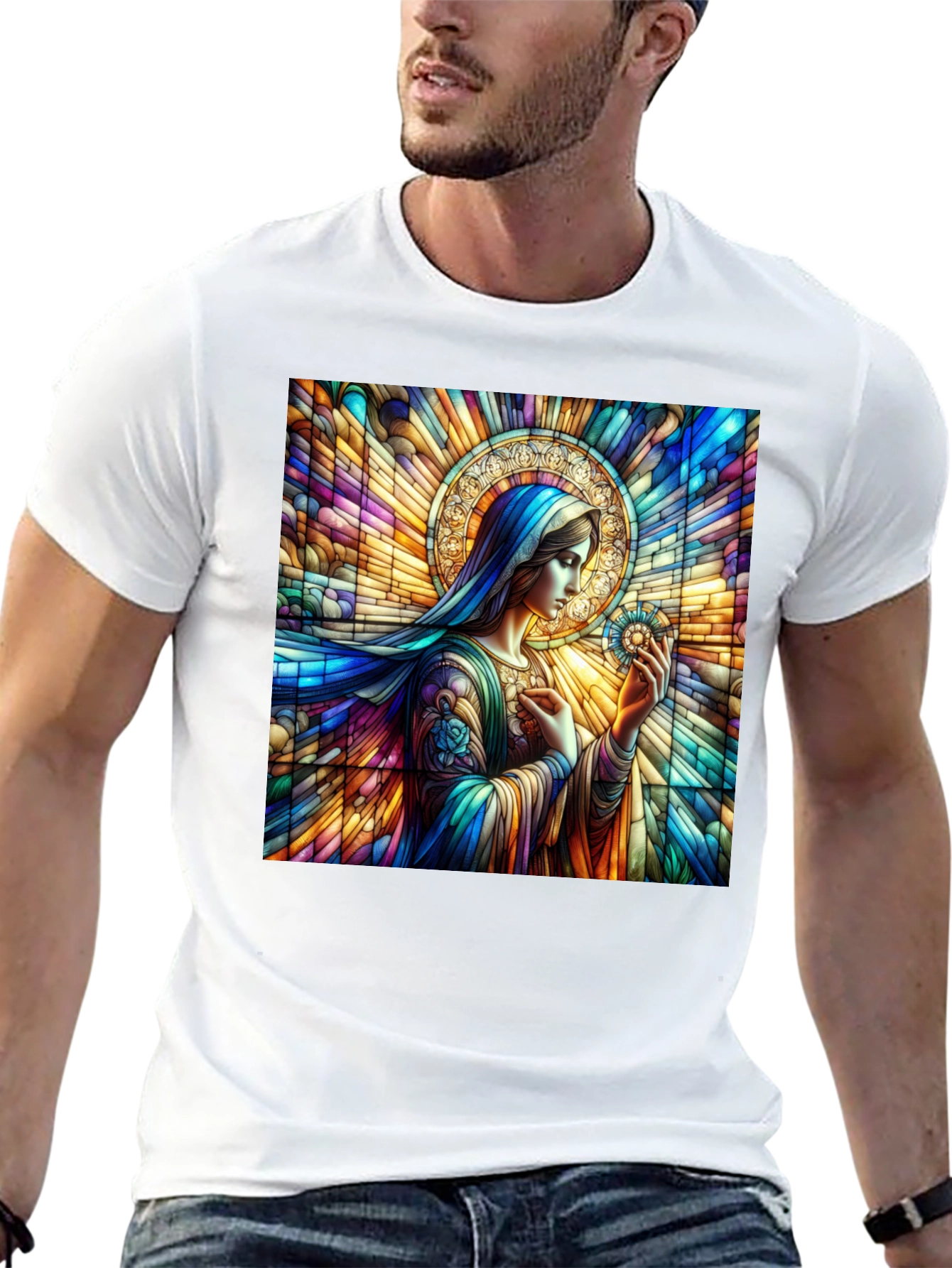 Stained Glass Mary Graphic Tee - Artistic Religious Apparel
