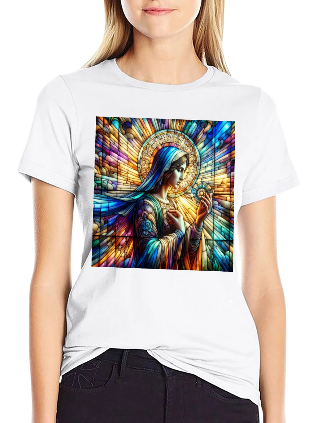 Stained Glass Mary Graphic Tee - Artistic Religious Apparel