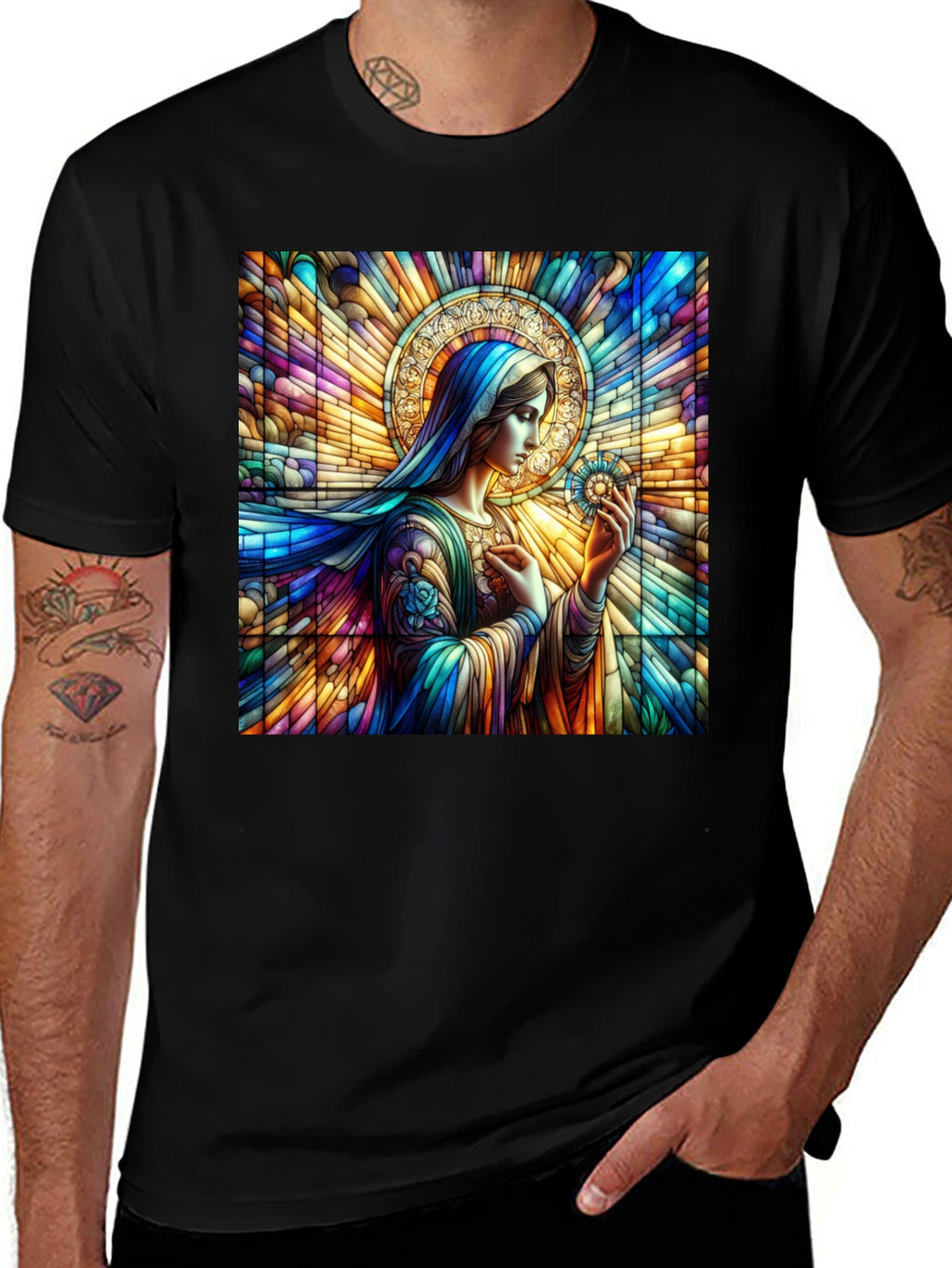 Stained Glass Mary Graphic Tee - Artistic Religious Apparel