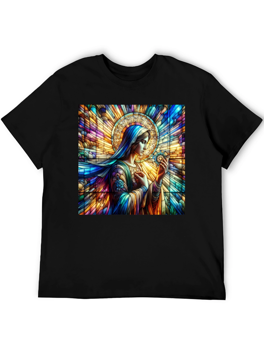 Stained Glass Mary Graphic Tee - Artistic Religious Apparel