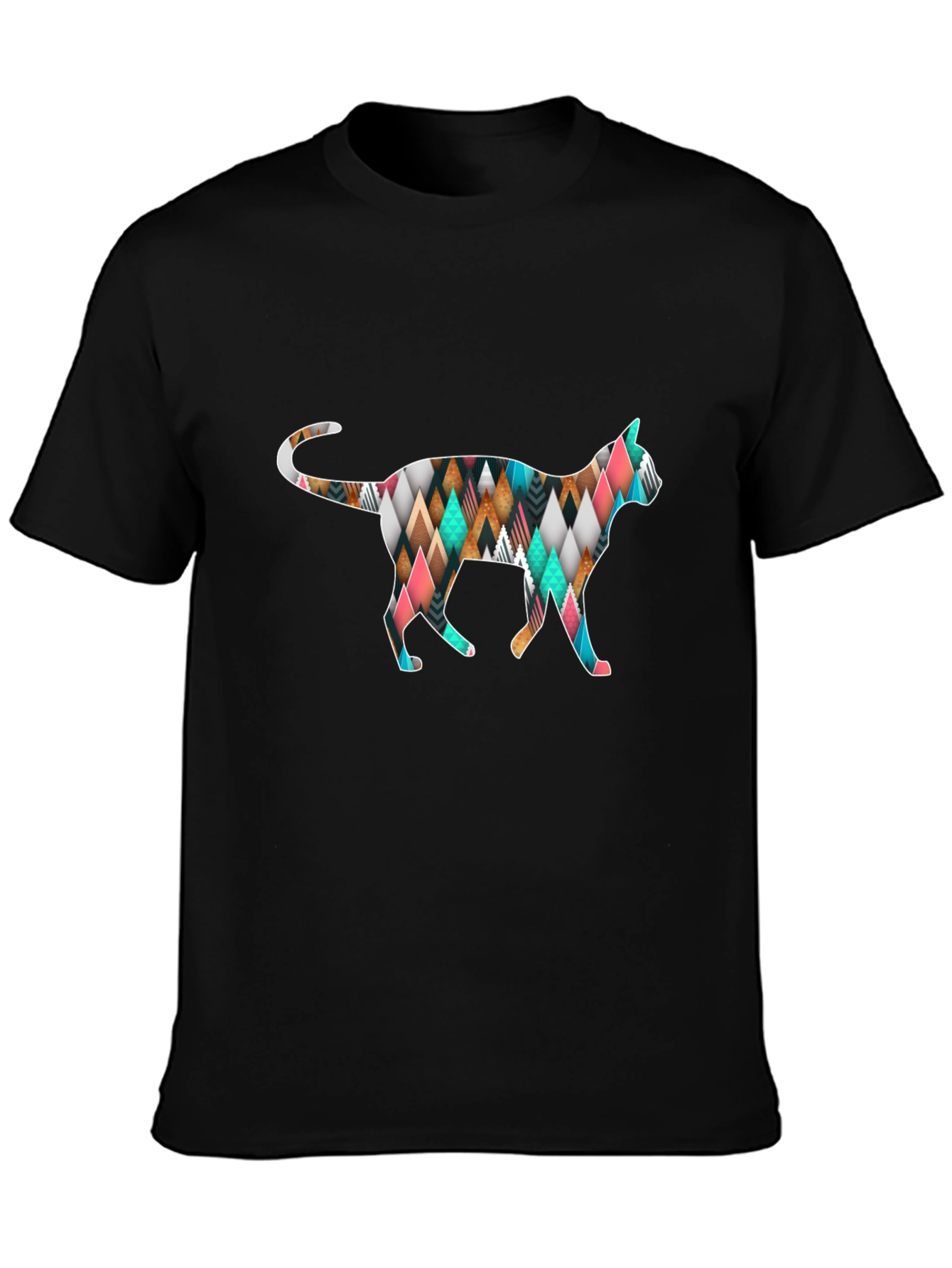 Geometric Cat T-Shirt - Black Cotton Blend