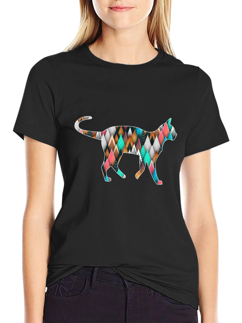 Geometric Cat T-Shirt - Black Cotton Blend
