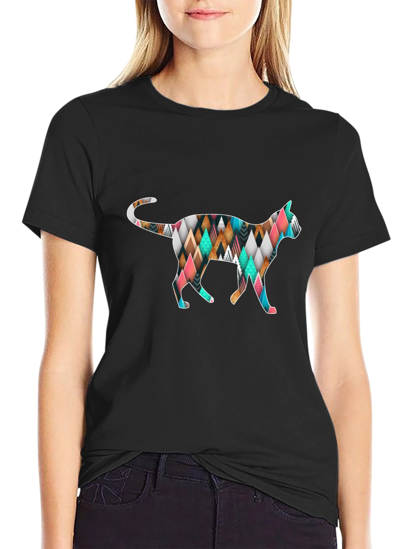 Geometric Cat T-Shirt - Black Cotton Blend
