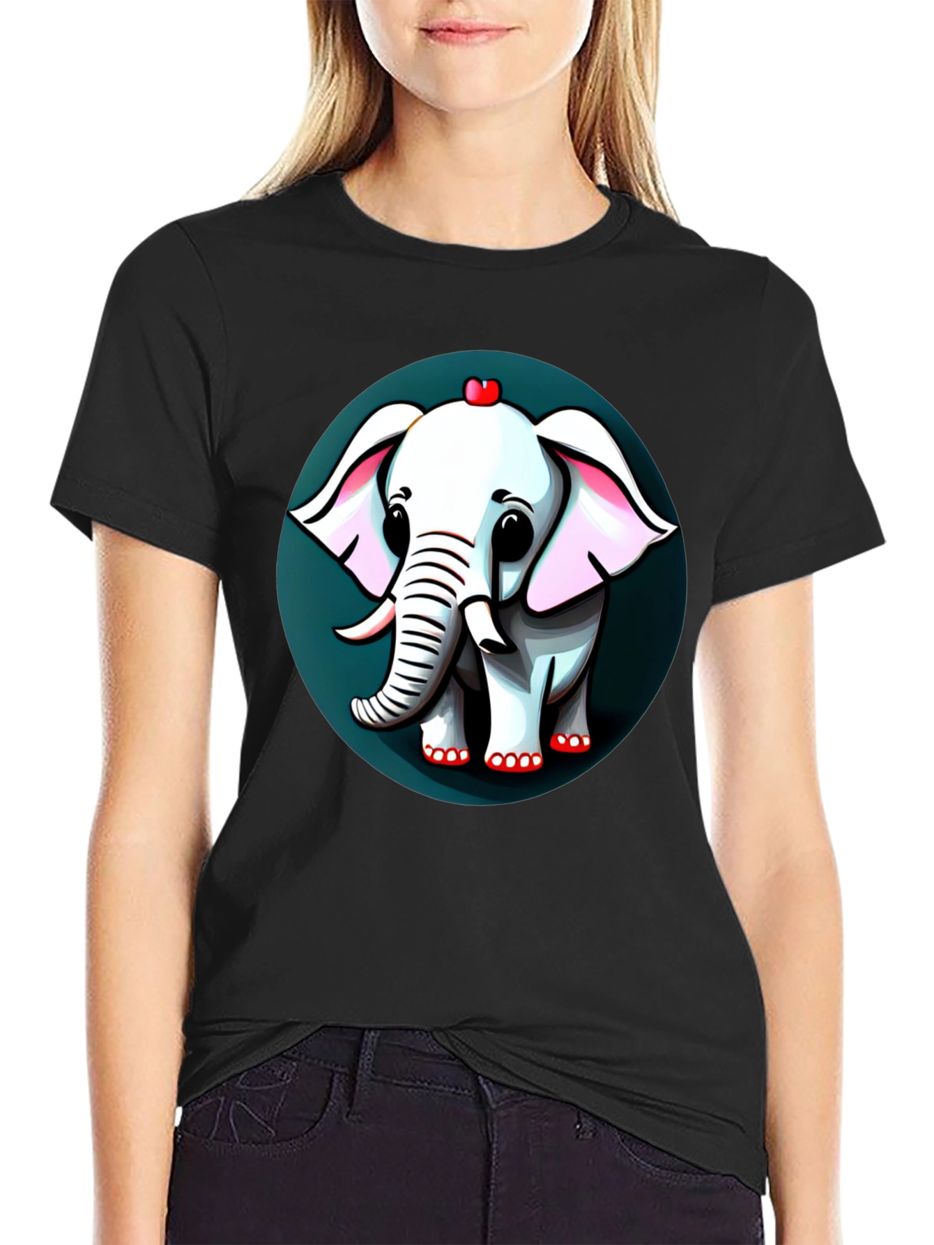 Cute Elephant Cartoon Graphic Tee - Black
