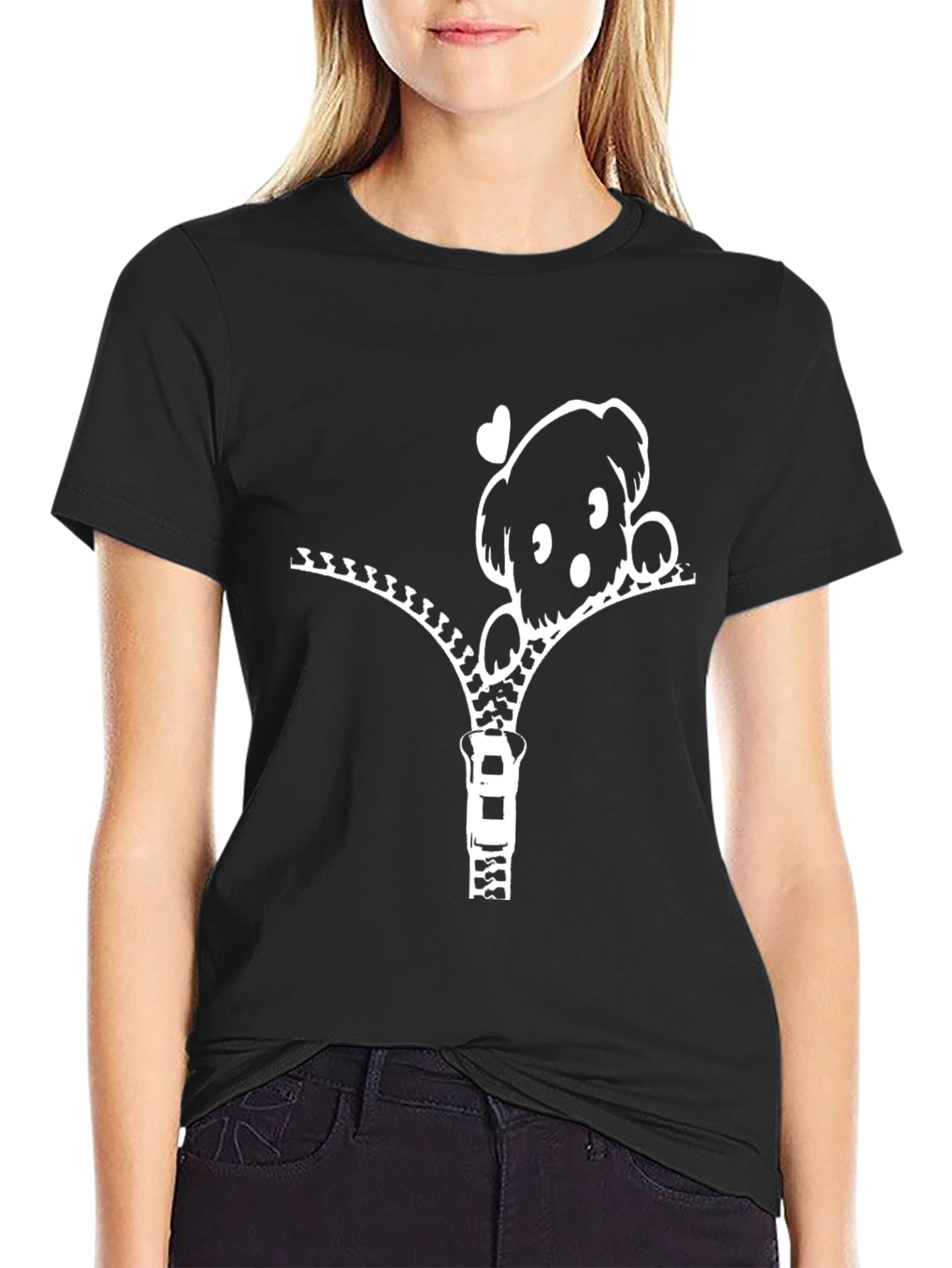 Cute Puppy Zipper T-Shirt - Black