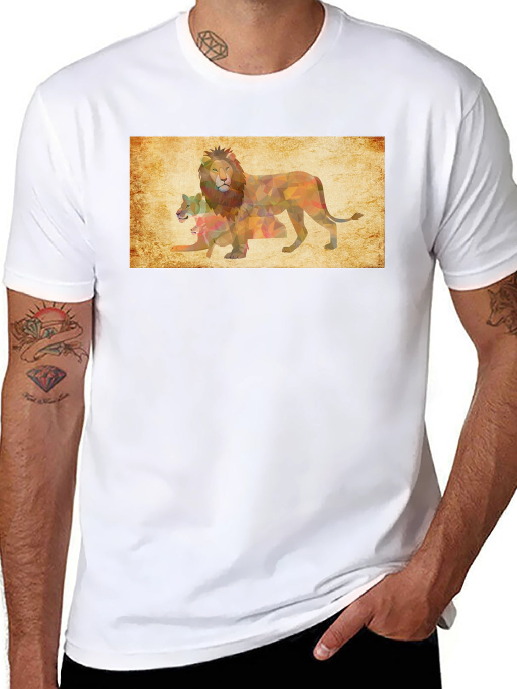 Geometric Lion Family Print Black T-Shirt