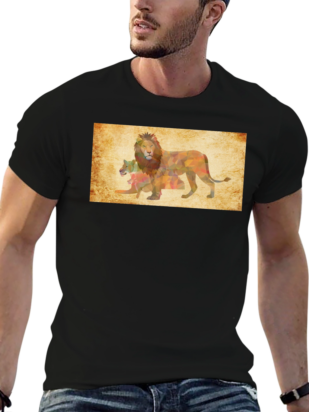 Geometric Lion Family Print Black T-Shirt
