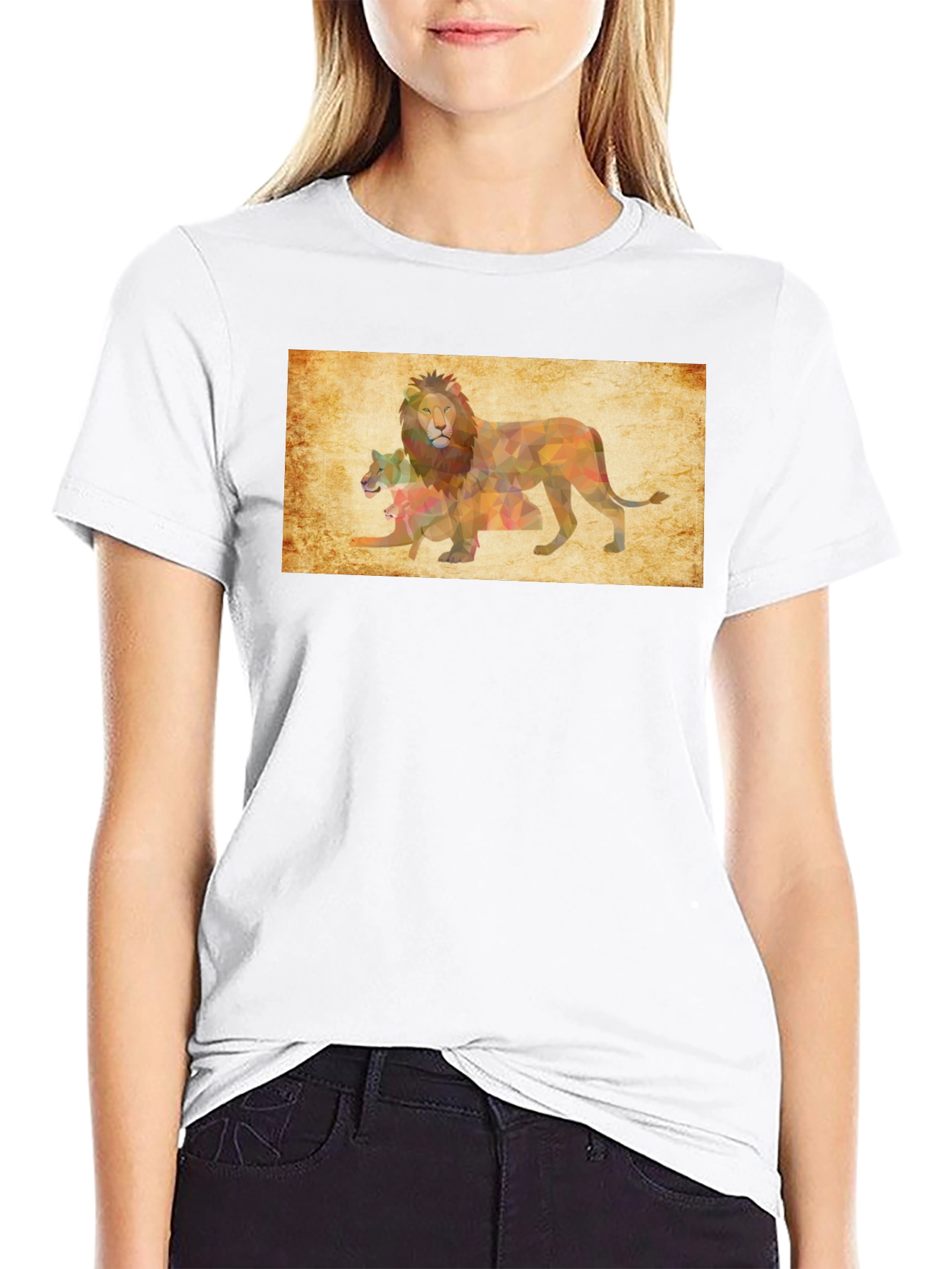 Geometric Lion Family Print Black T-Shirt