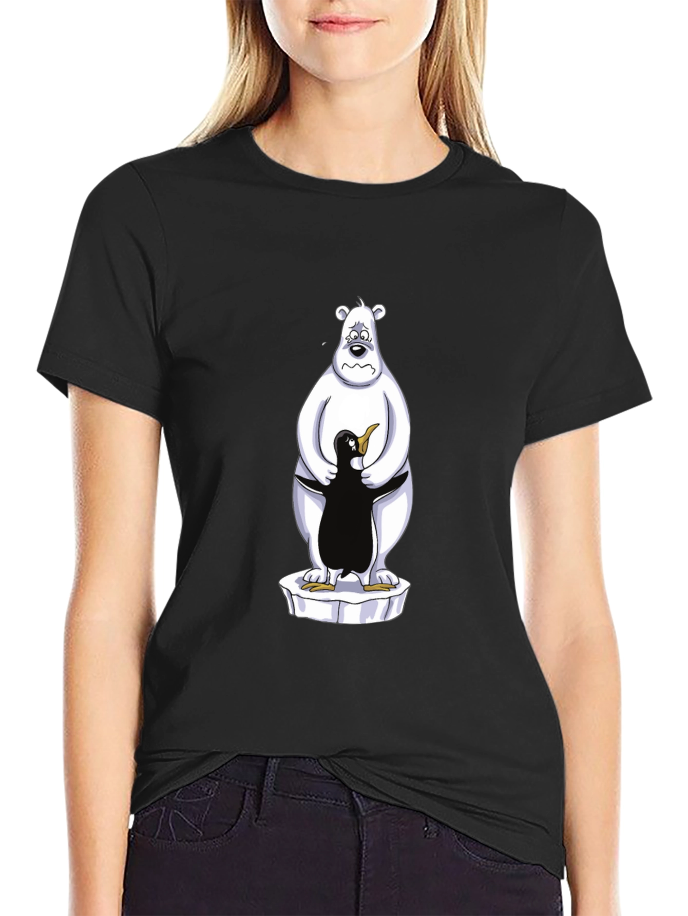 Bear Hugs Penguin Graphic Tee - Black Cotton Comfort