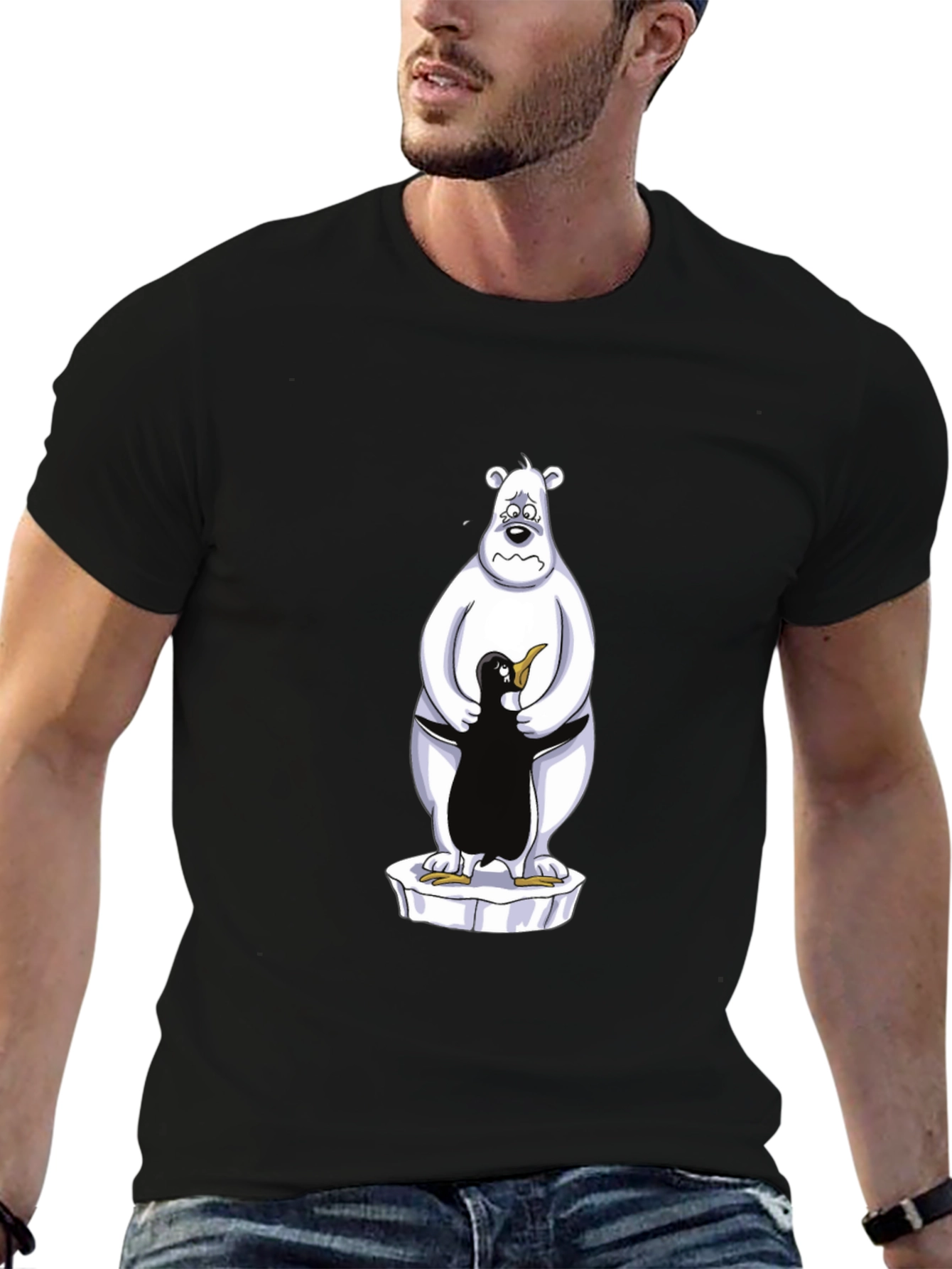 Bear Hugs Penguin Graphic Tee - Black Cotton Comfort