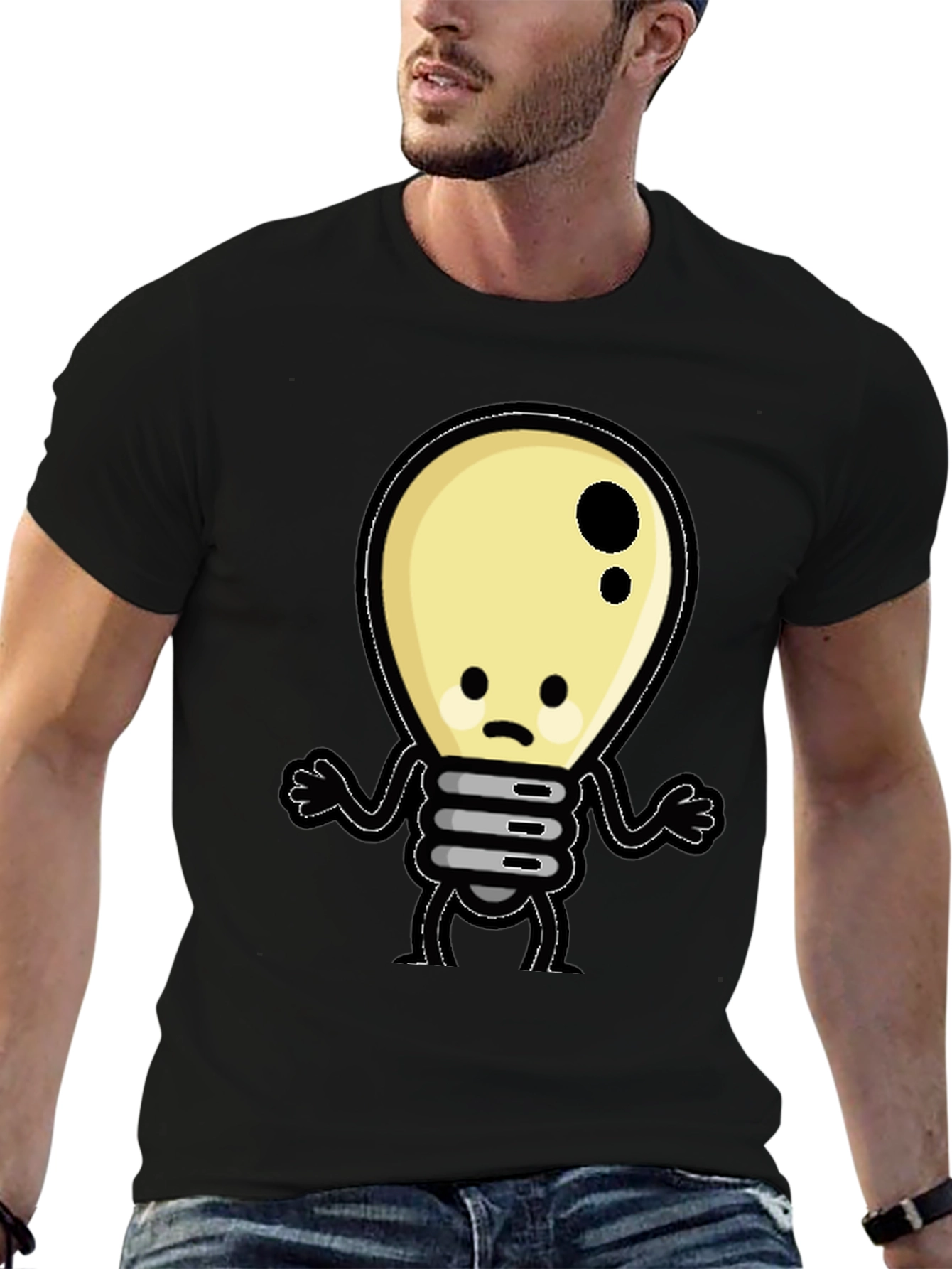 Sad Light Bulb Graphic T-Shirt - Black Cotton Tee