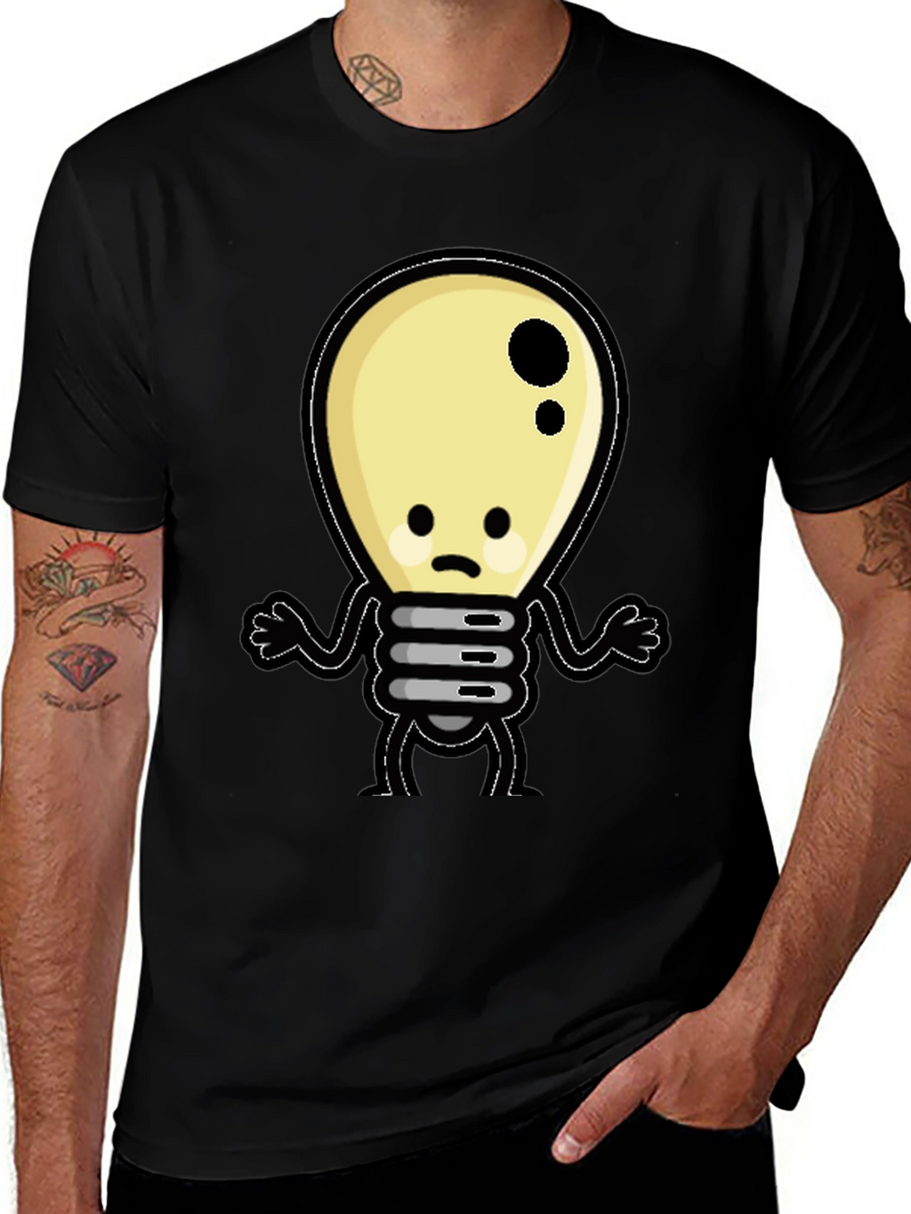 Sad Light Bulb Graphic T-Shirt - Black Cotton Tee
