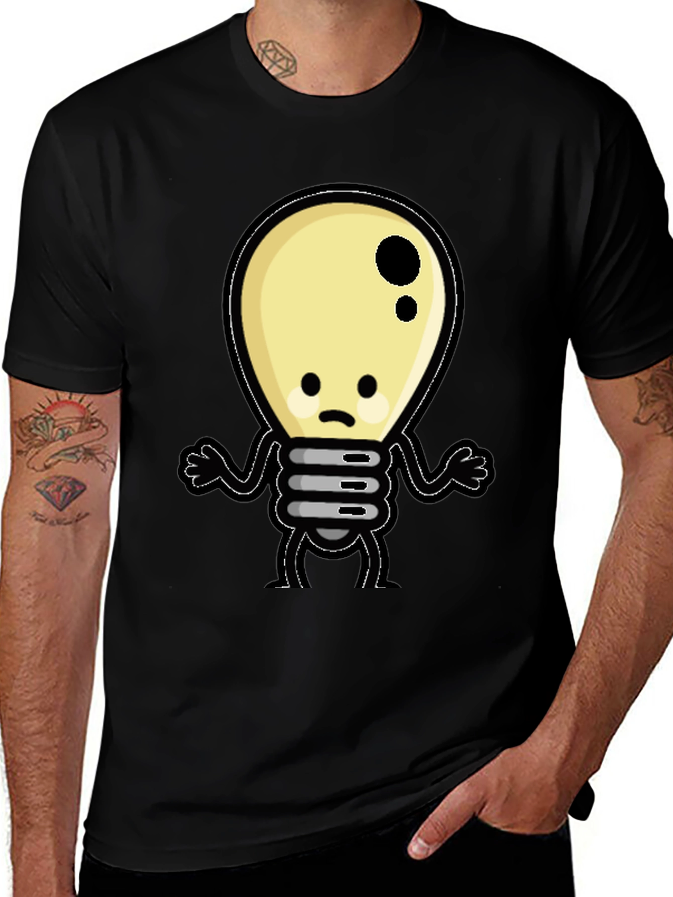 Sad Light Bulb Graphic T-Shirt - Black Cotton Tee