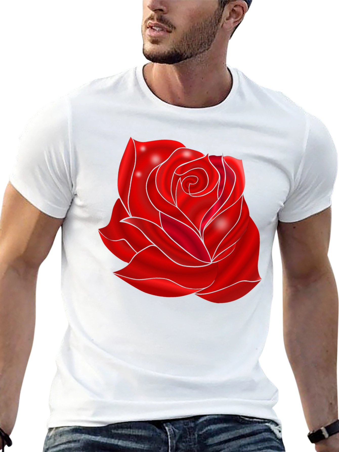 Black T-Shirt with Red Rose Design
