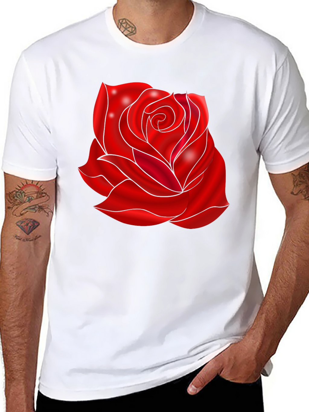 Black T-Shirt with Red Rose Design
