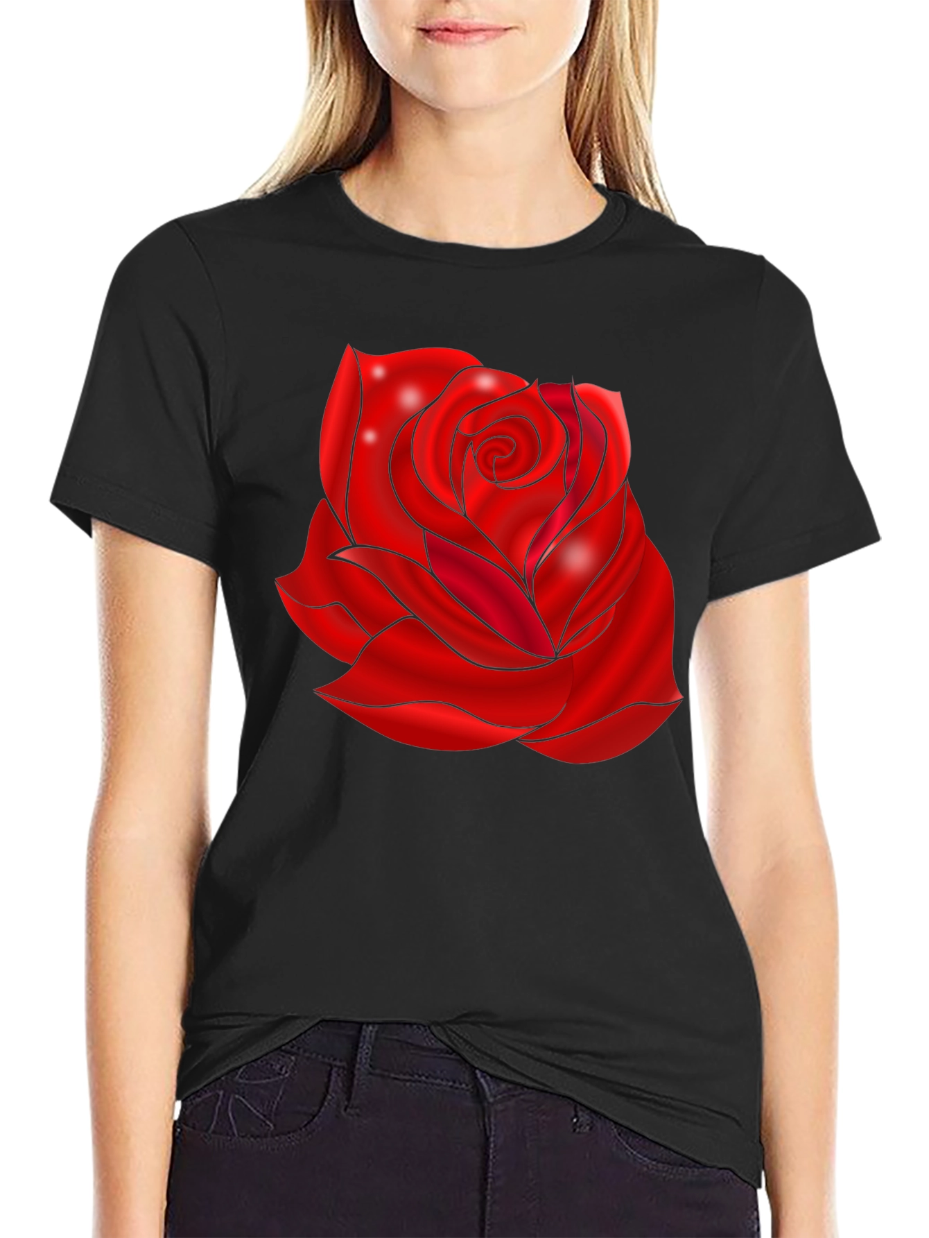 Black T-Shirt with Red Rose Design