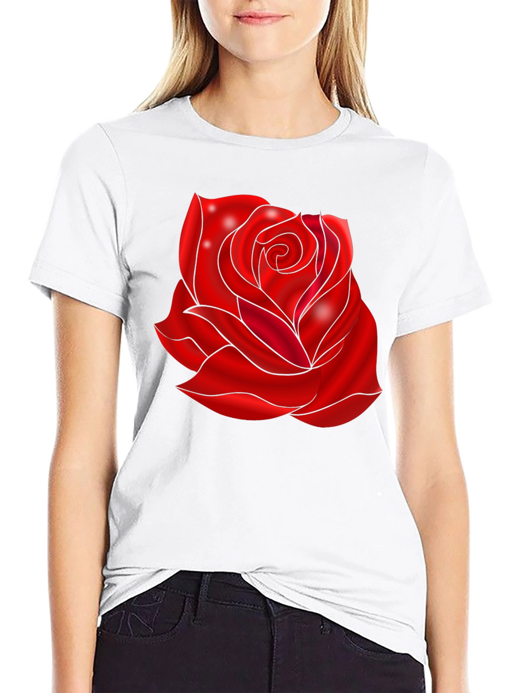 Black T-Shirt with Red Rose Design