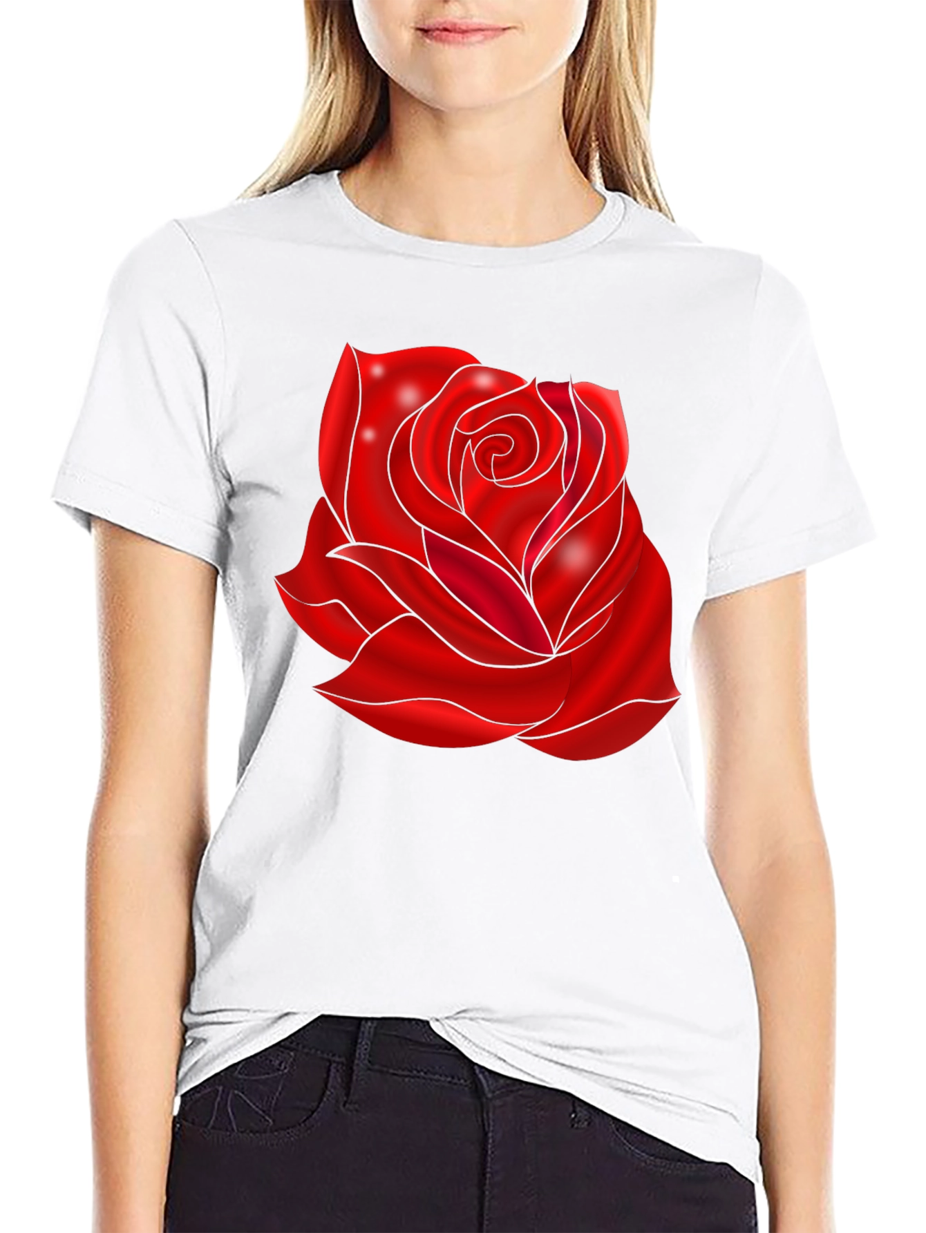 Black T-Shirt with Red Rose Design