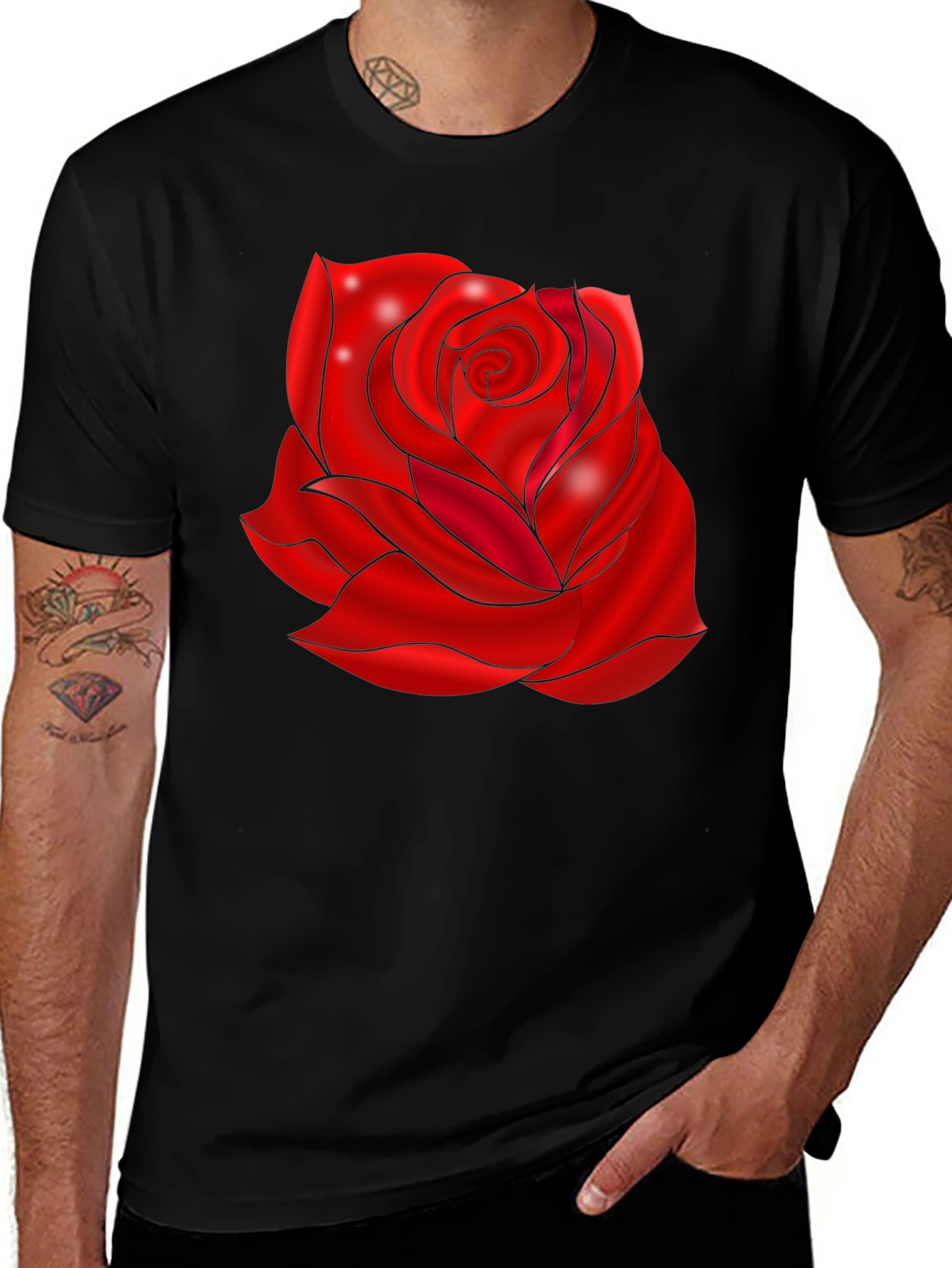 Black T-Shirt with Red Rose Design
