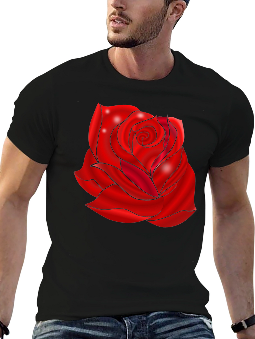 Black T-Shirt with Red Rose Design