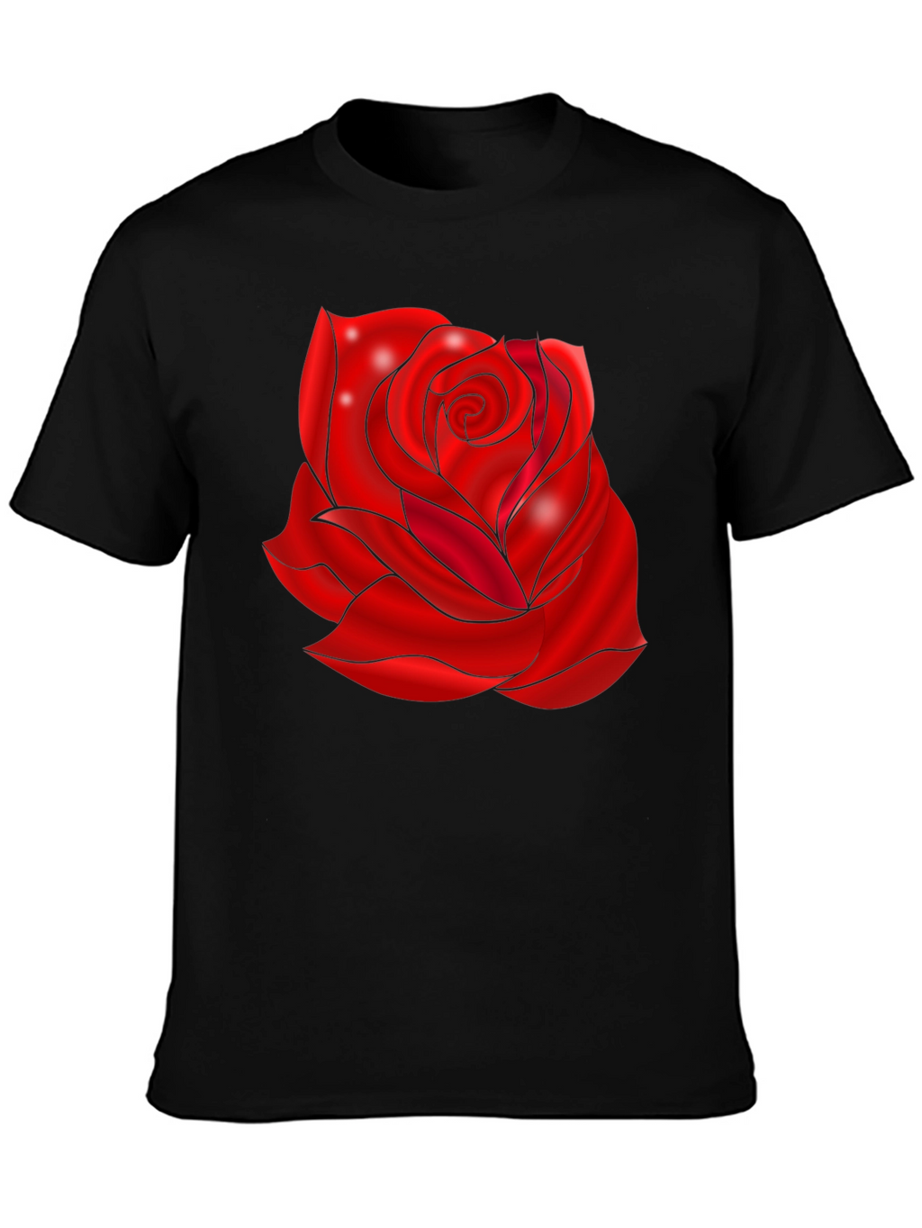 Black T-Shirt with Red Rose Design