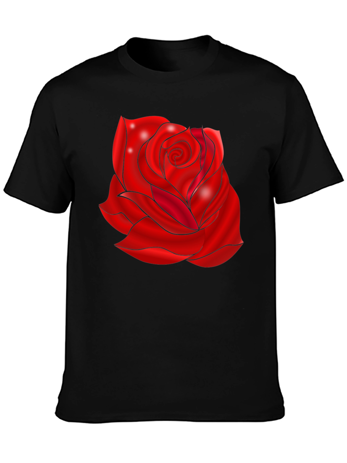 Black T-Shirt with Red Rose Design