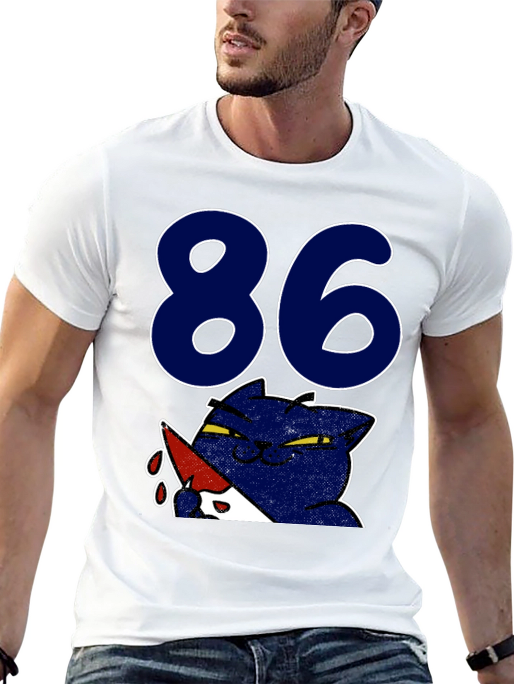 Funny Cat 86 T-Shirt - Black Crew Neck Tee